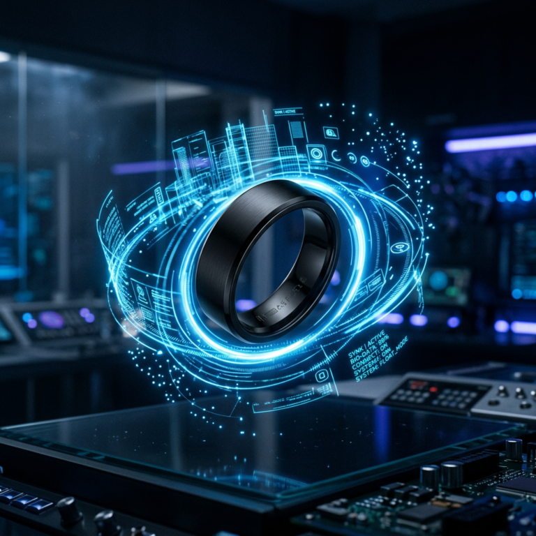 Black smart ring with holographic digital interface projections floating around it